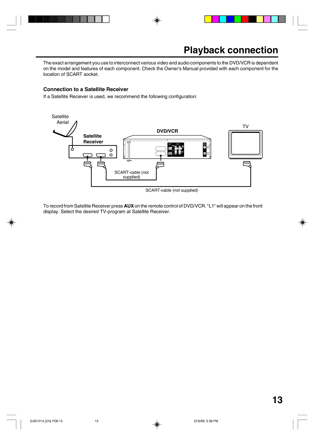 Toshiba SD-37VBSB manual Playback connection, Connection to a Satellite Receiver 