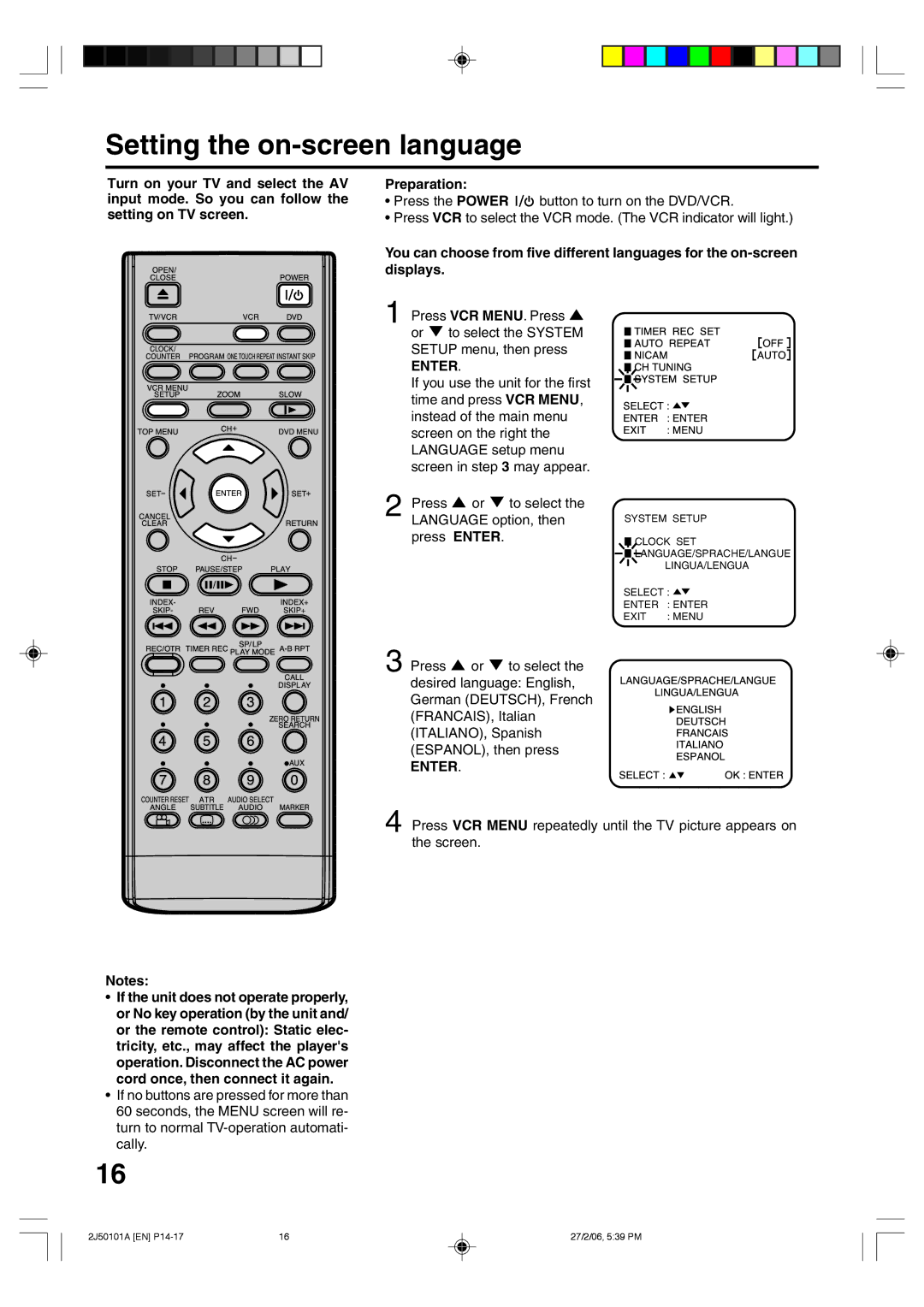 Toshiba SD-37VBSB manual Setting the on-screen language, Enter, Language option, then, Press 