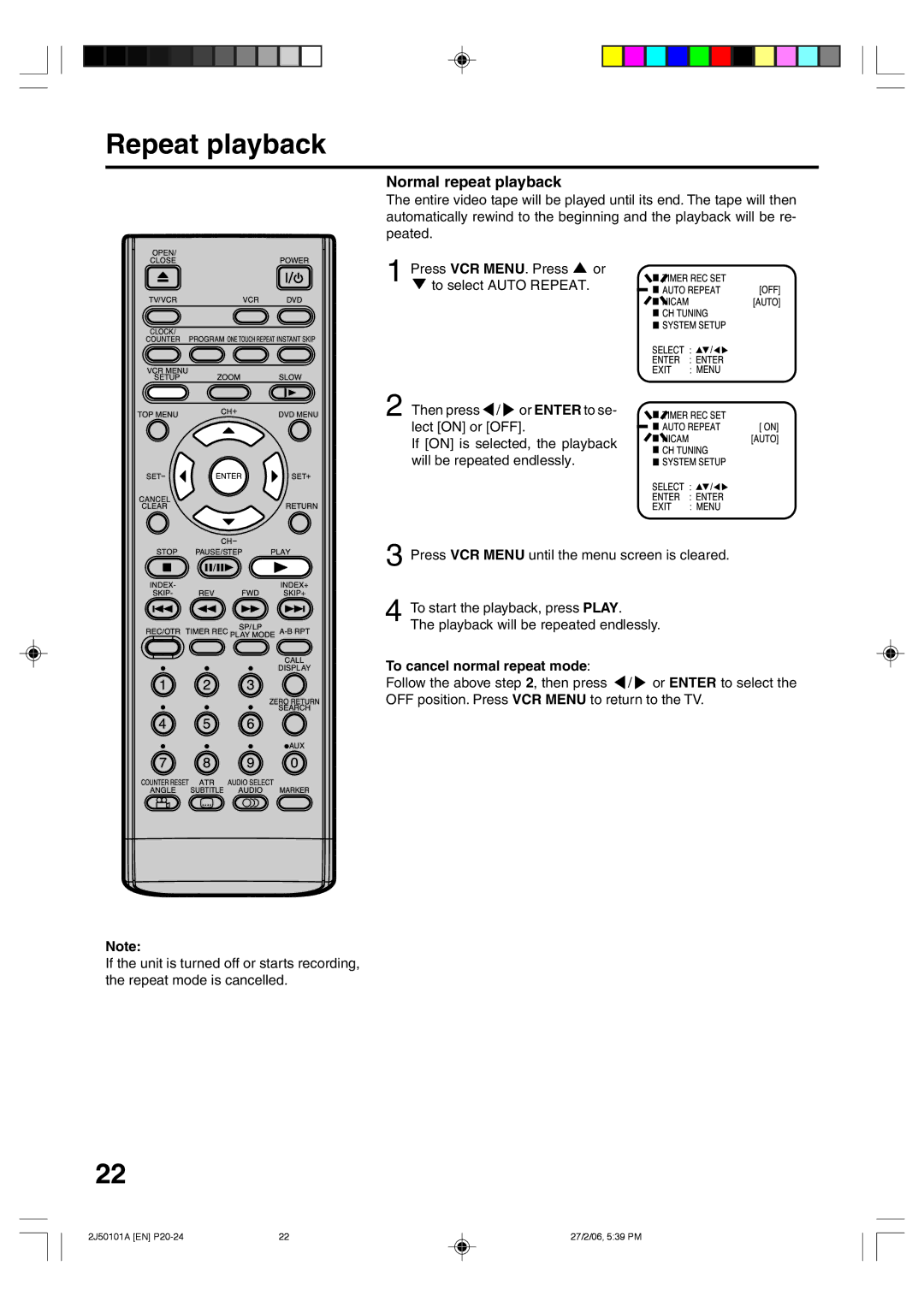 Toshiba SD-37VBSB manual Repeat playback, Normal repeat playback, To cancel normal repeat mode 