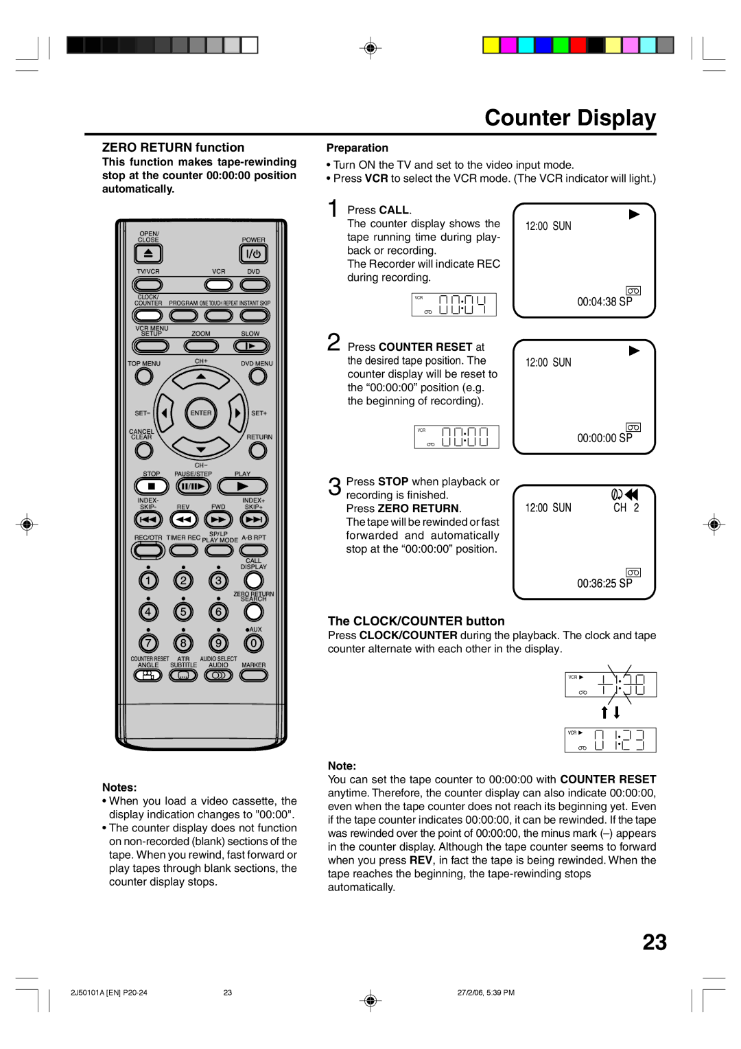 Toshiba SD-37VBSB manual Counter Display, Zero Return function, CLOCK/COUNTER button, Press Zero Return 