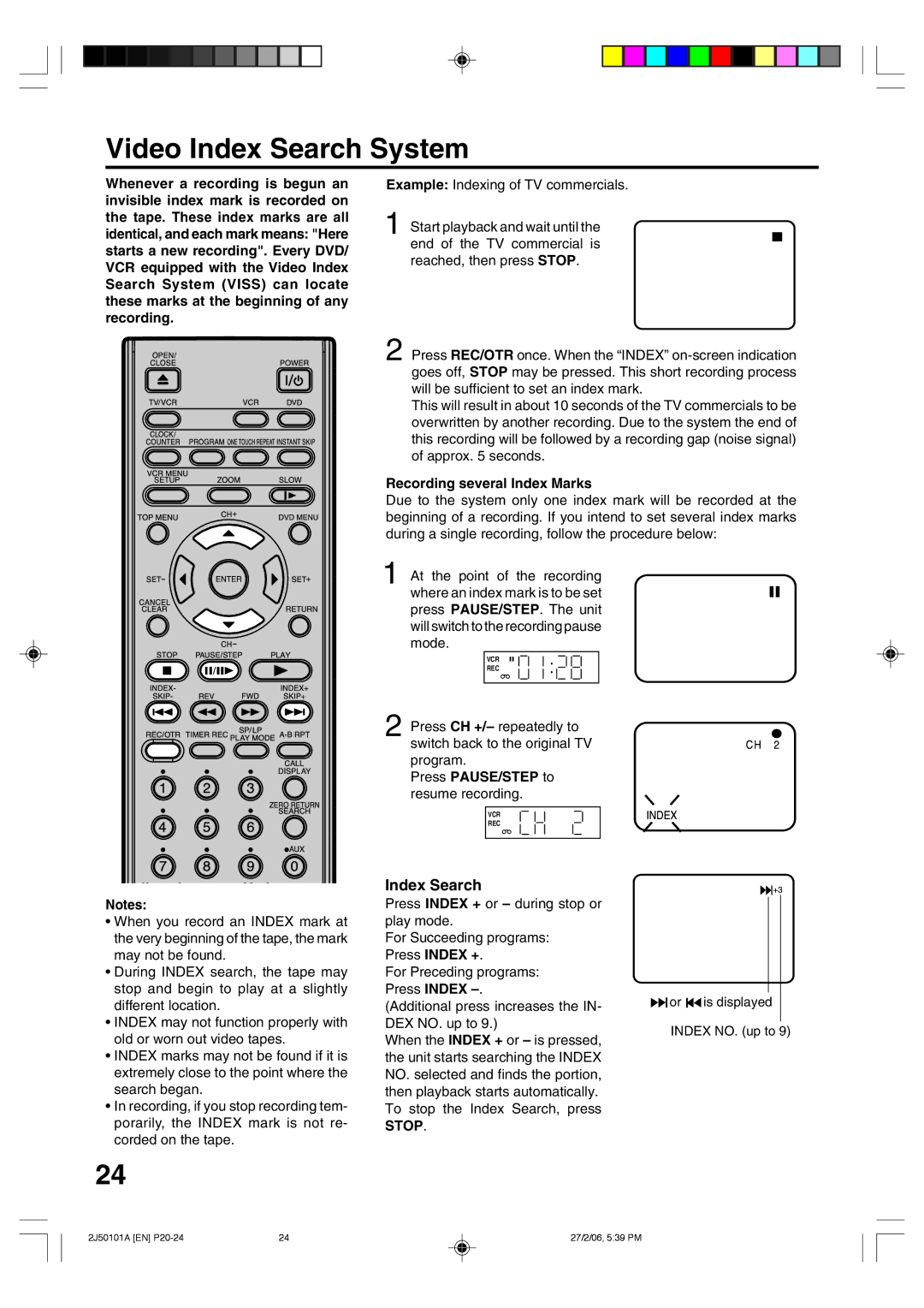 Toshiba SD-37VBSB manual Video Index Search System, Recording several Index Marks, Press PAUSE/STEP to resume recording 