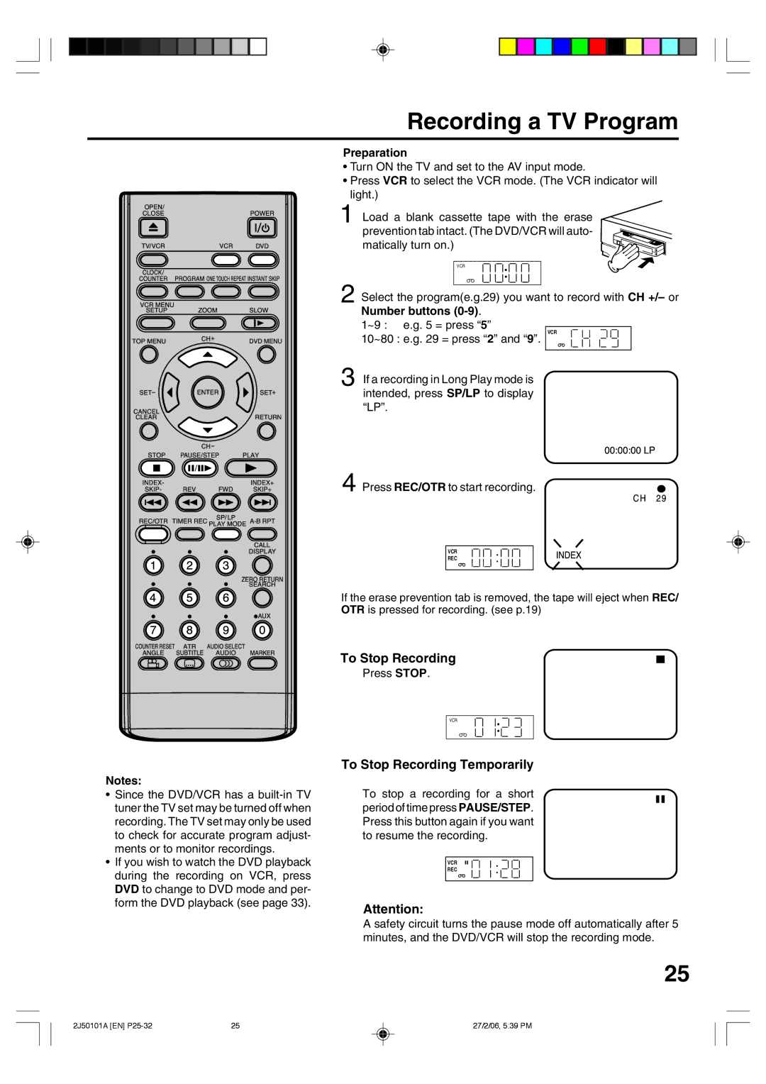 Toshiba SD-37VBSB Recording a TV Program, To Stop Recording Temporarily, Press REC/OTR to start recording, Press Stop 