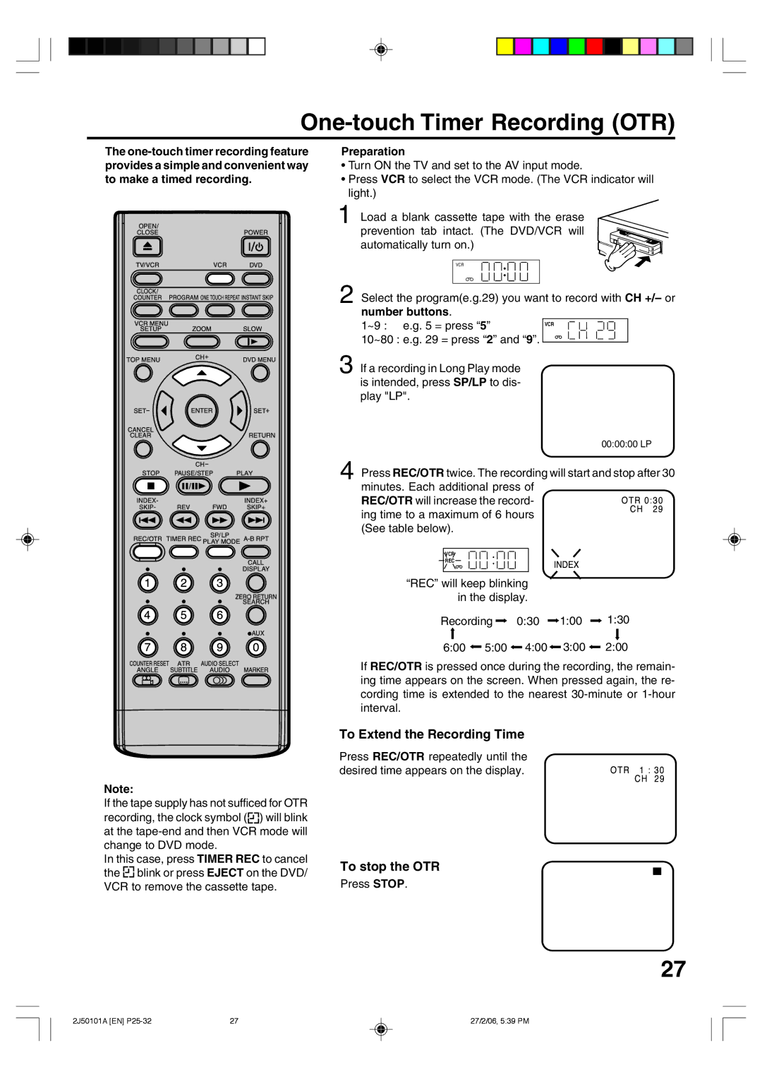 Toshiba SD-37VBSB manual One-touch Timer Recording OTR 