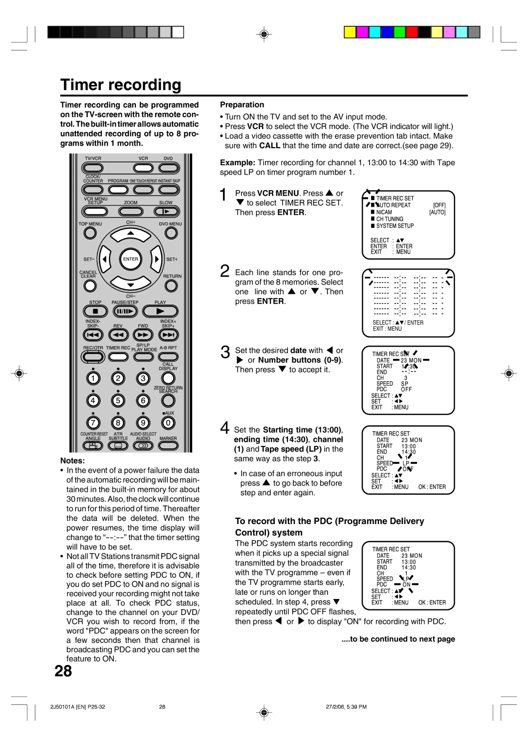 Toshiba SD-37VBSB manual Timer recording, To record with the PDC Programme Delivery, Control system 