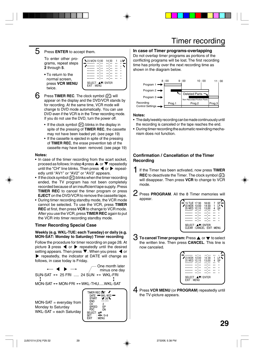 Toshiba SD-37VBSB manual Timer recording, Case of Timer programs-overlapping, Timer Recording Special Case 