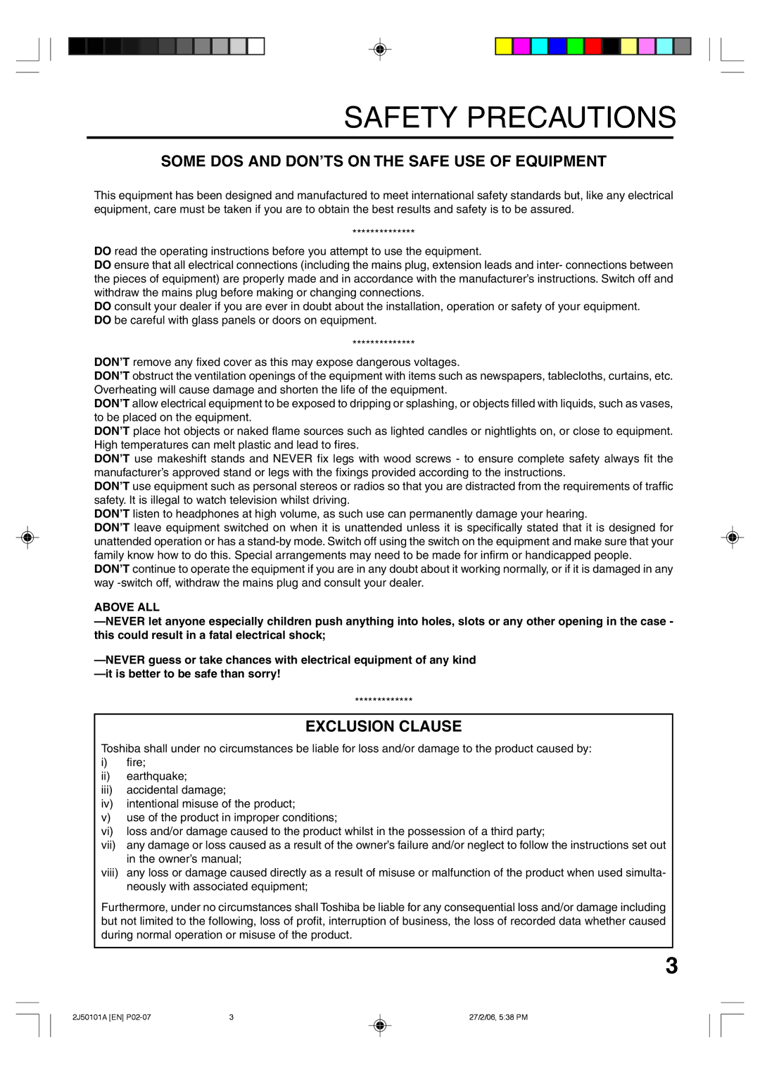 Toshiba SD-37VBSB manual Safety Precautions, Above ALL 