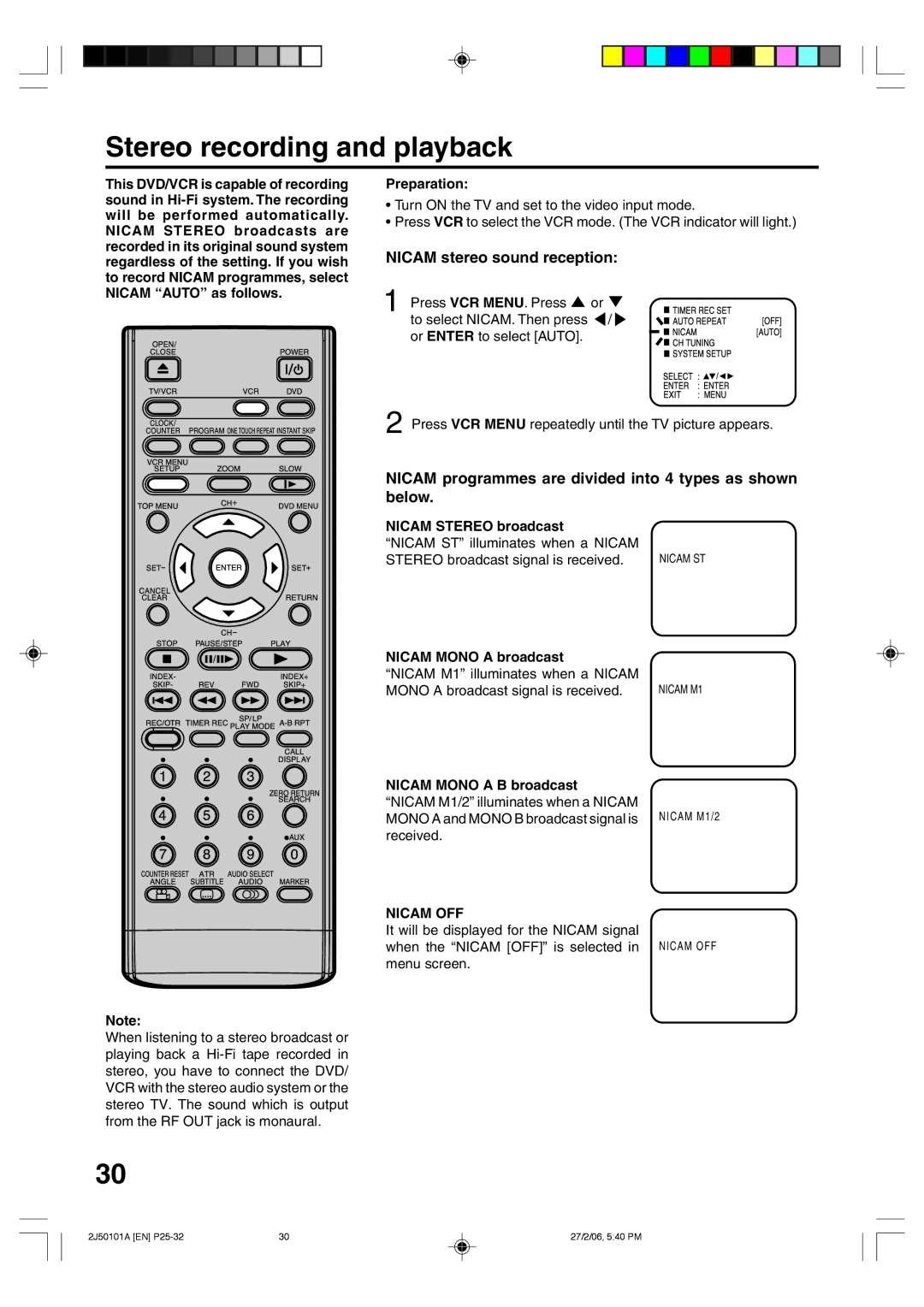 Toshiba SD-37VBSB manual Stereo recording and playback, Nicam stereo sound reception, Nicam OFF 