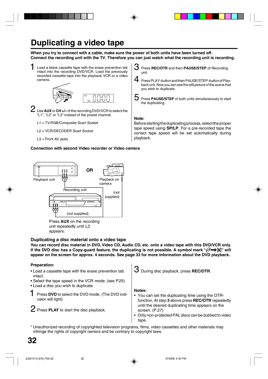 Toshiba SD-37VBSB manual Duplicating a video tape, Duplicating a disc material onto a video tape 