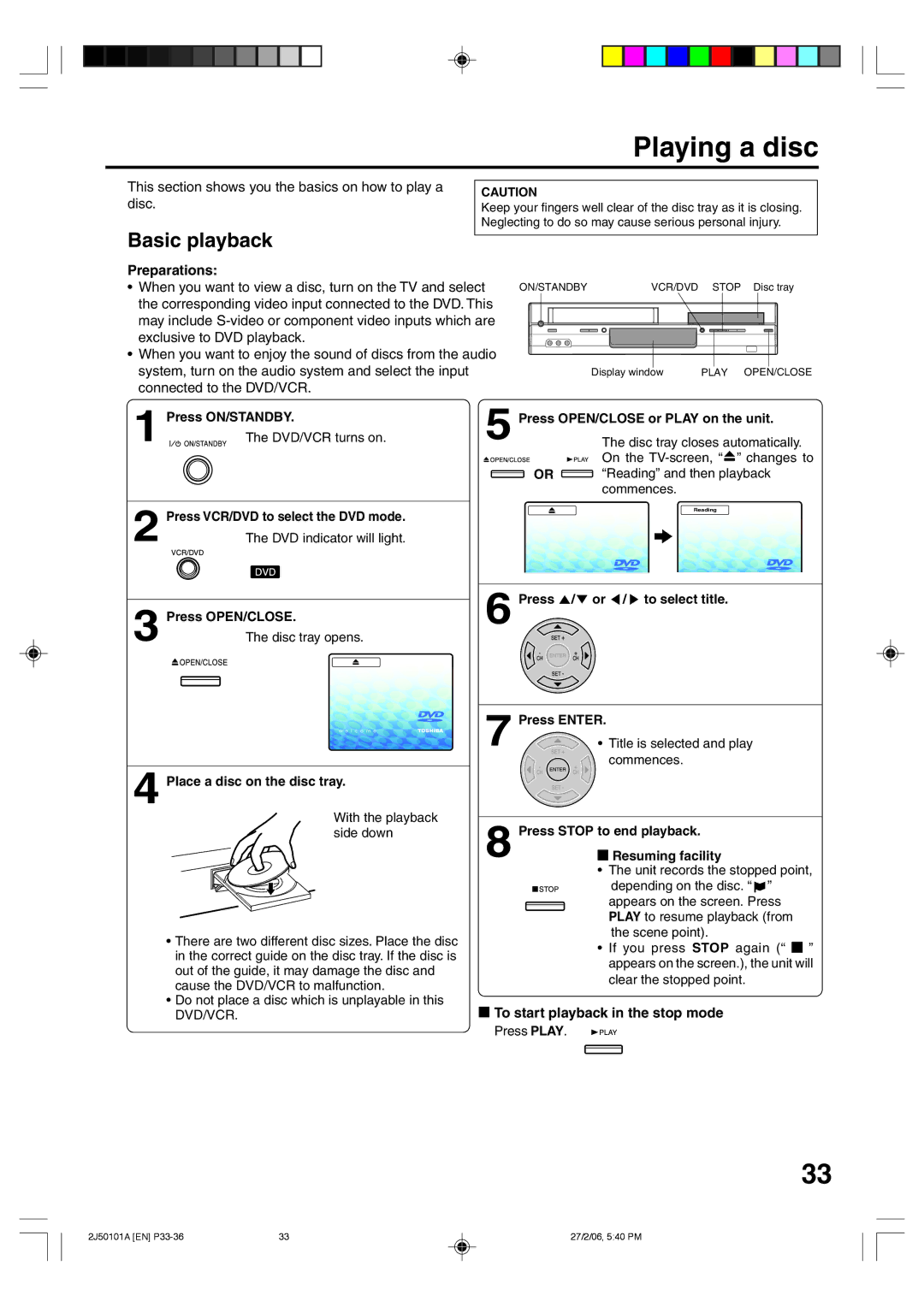 Toshiba SD-37VBSB Playing a disc, Basic playback, This section shows you the basics on how to play a disc, Preparations 