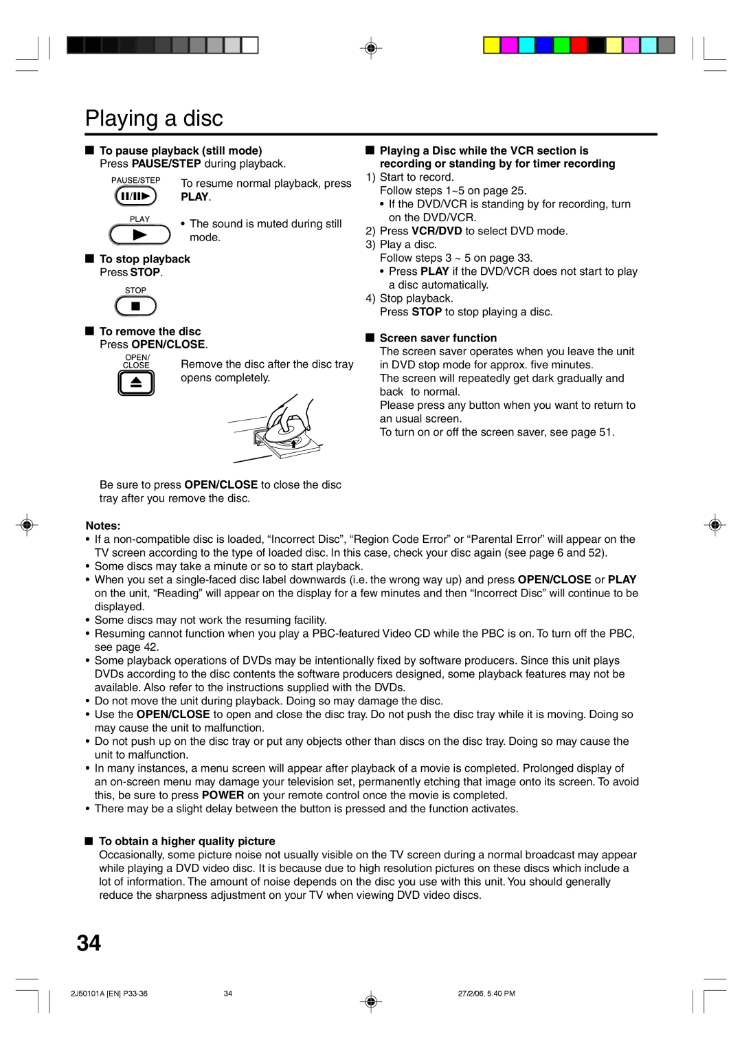 Toshiba SD-37VBSB manual Playing a disc 