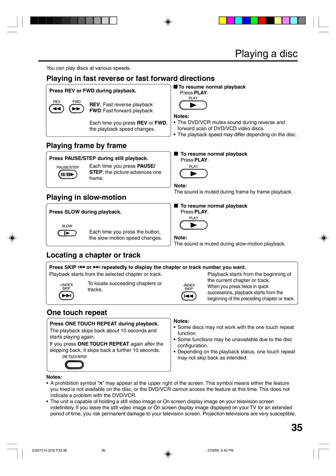 Toshiba SD-37VBSB manual Playing in fast reverse or fast forward directions, Playing frame by frame, Playing in slow-motion 