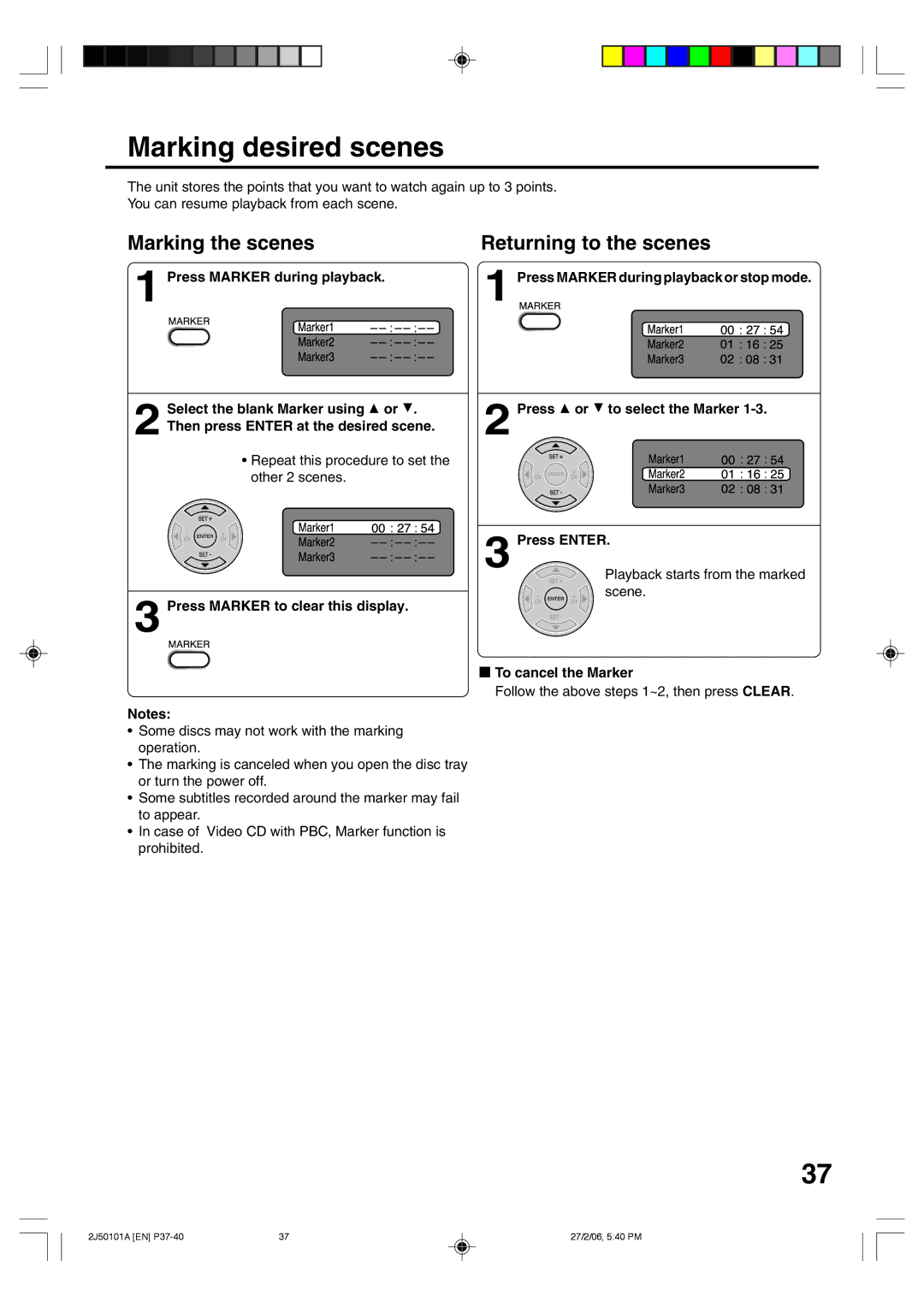 Toshiba SD-37VBSB manual Marking desired scenes, Marking the scenes Returning to the scenes 