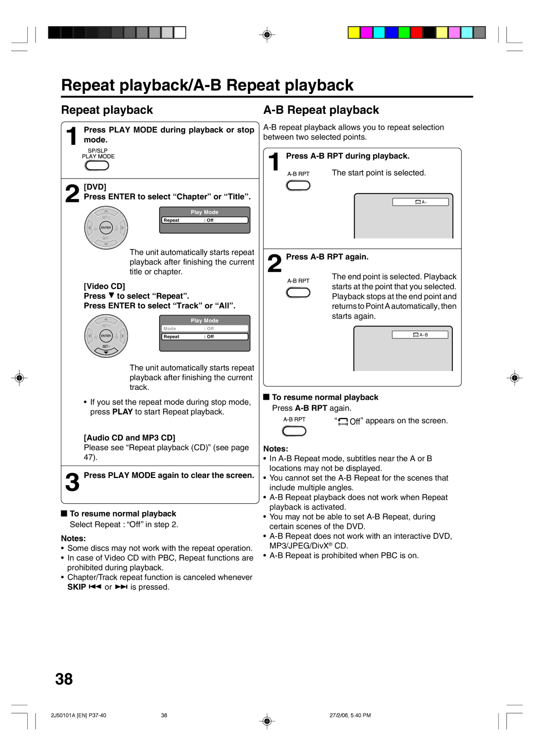 Toshiba SD-37VBSB manual Repeat playback/A-B Repeat playback, Dvd 