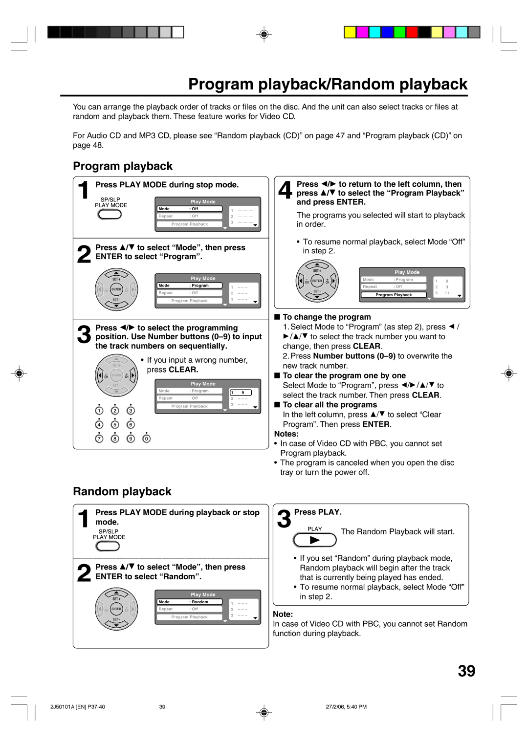 Toshiba SD-37VBSB manual Program playback/Random playback 