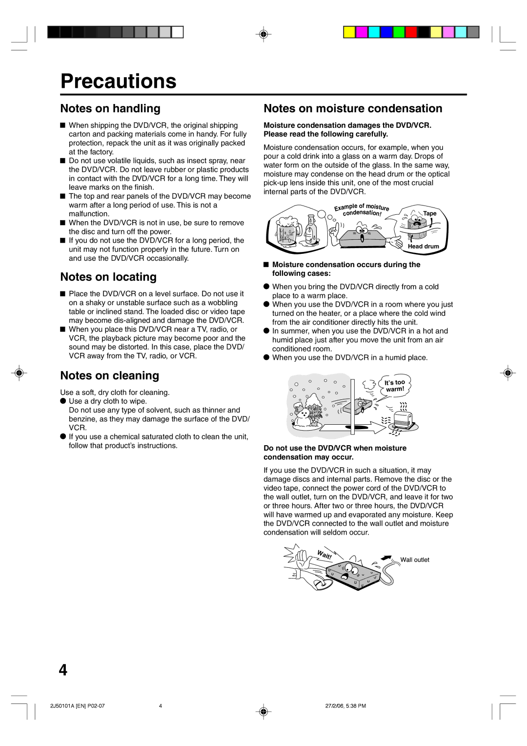 Toshiba SD-37VBSB manual Wait, Moisture condensation occurs during the following cases 