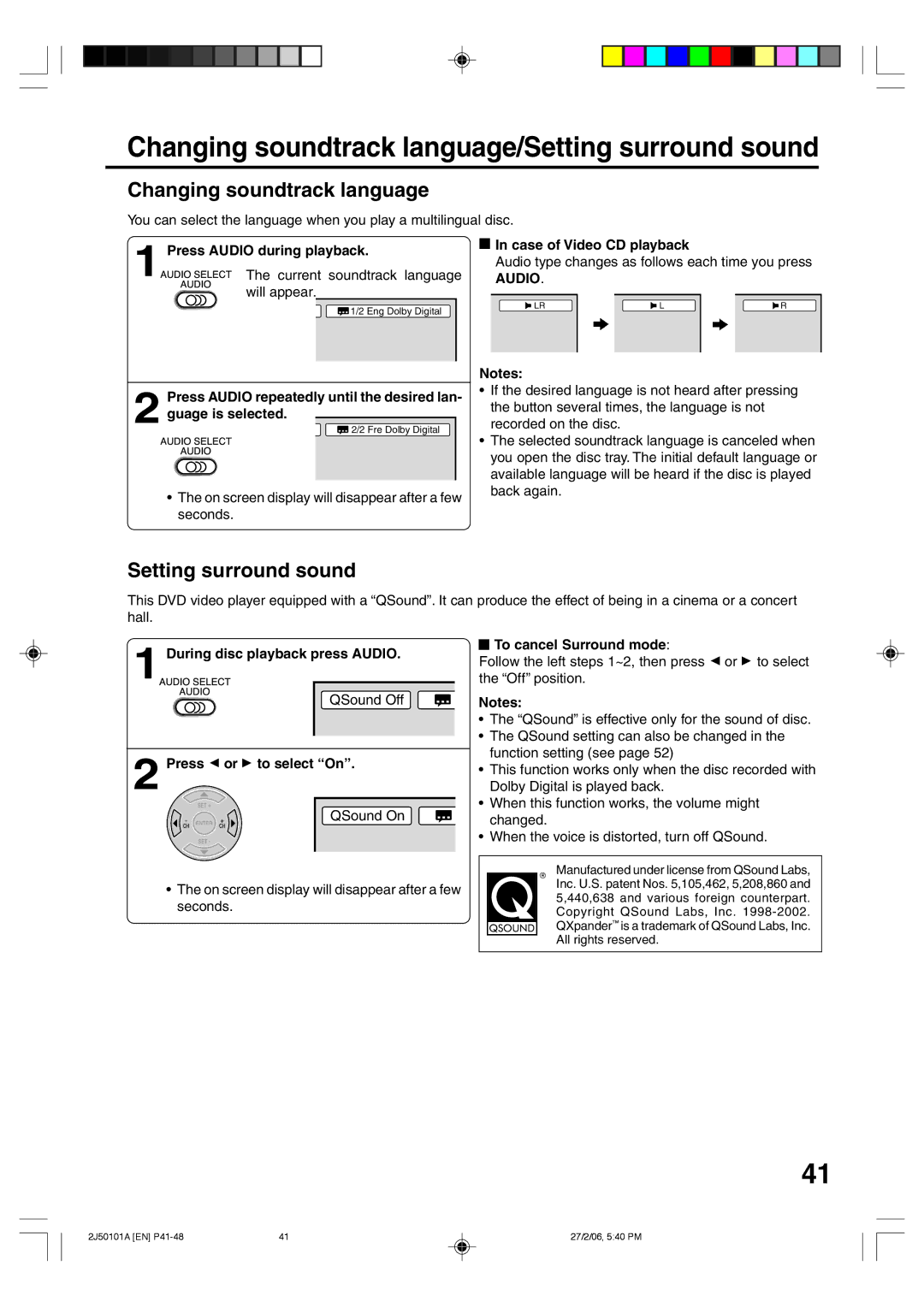 Toshiba SD-37VBSB manual Changing soundtrack language/Setting surround sound, Audio 