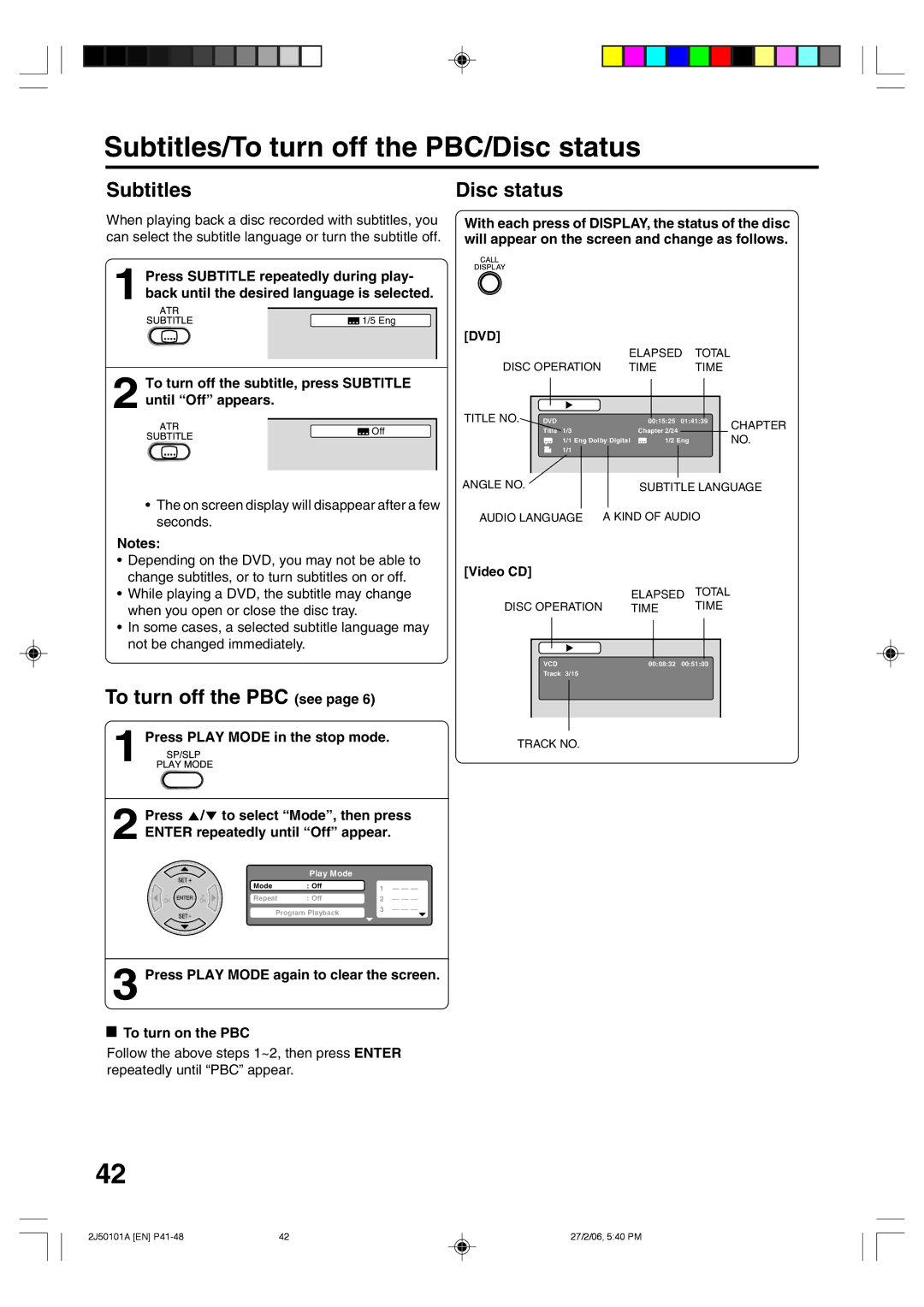 Toshiba SD-37VBSB Subtitles/To turn off the PBC/Disc status, Subtitles Disc status, To turn off the PBC see, Video CD 