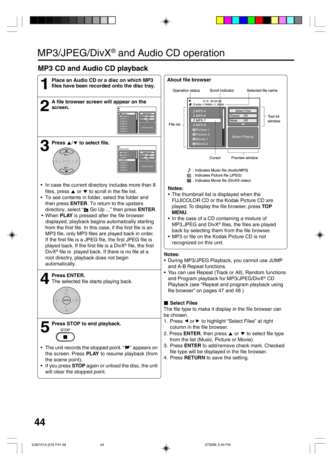 Toshiba SD-37VBSB manual MP3/JPEG/DivX and Audio CD operation, MP3 CD and Audio CD playback, Press Stop to end playback 