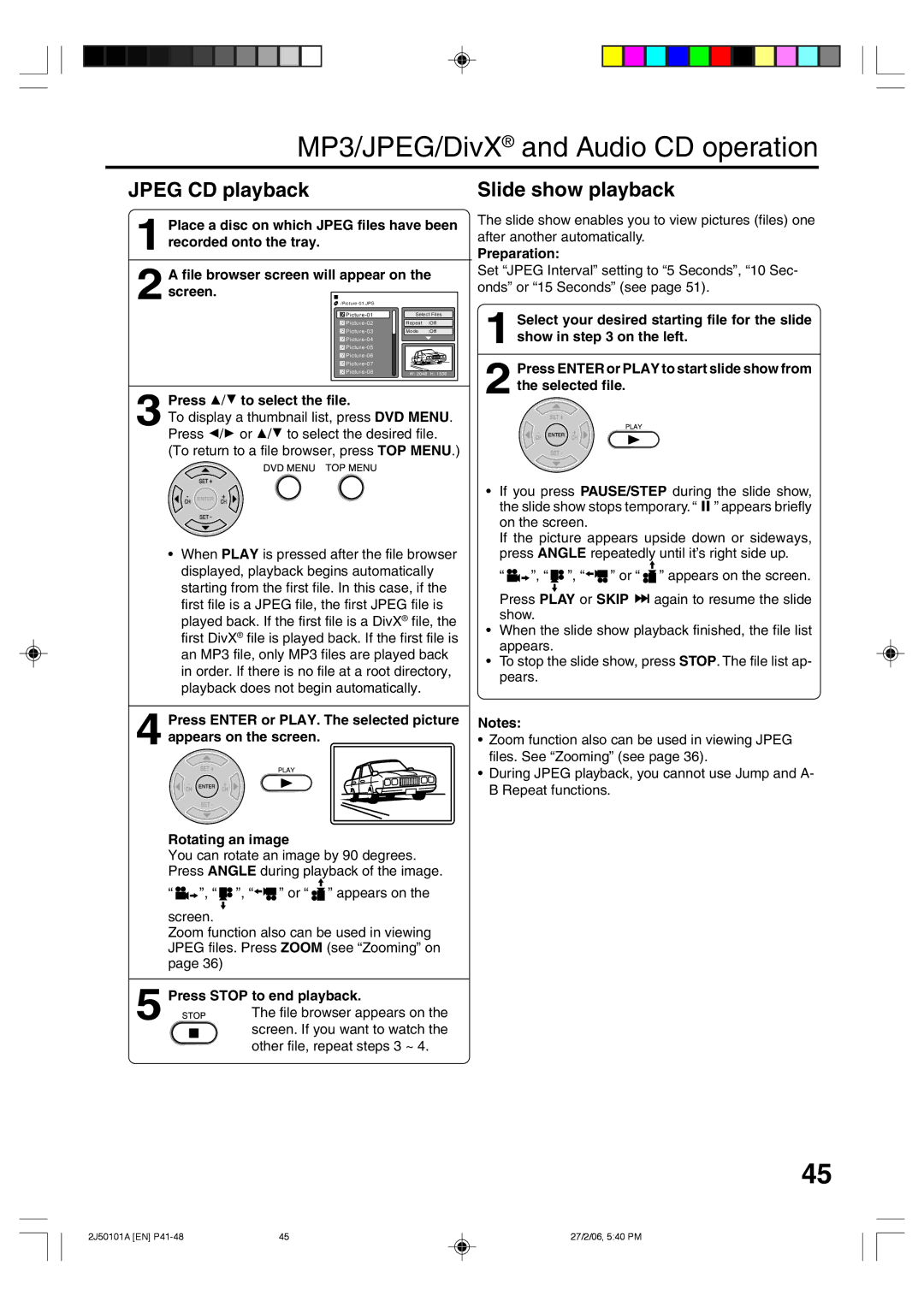 Toshiba SD-37VBSB manual Jpeg CD playback, Slide show playback, Press C/D to select the file 