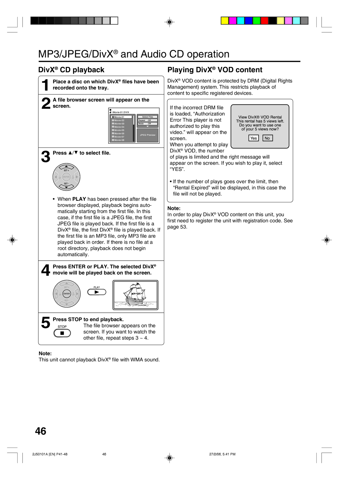 Toshiba SD-37VBSB manual DivX CD playback, Playing DivX VOD content, Place a disc on which DivX files have been 