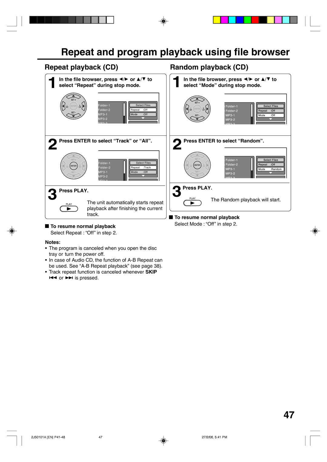 Toshiba SD-37VBSB Repeat and program playback using file browser, Repeat playback CD, Random playback CD, 3Press Play 