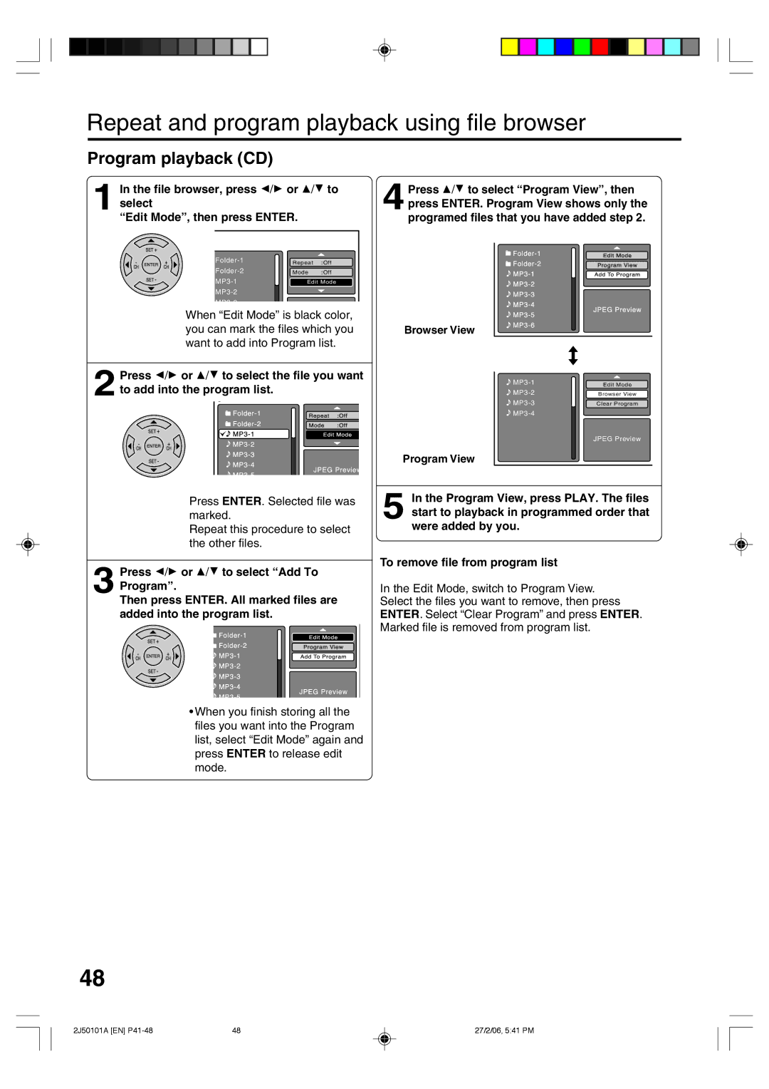 Toshiba SD-37VBSB manual Repeat and program playback using file browser, Program playback CD 