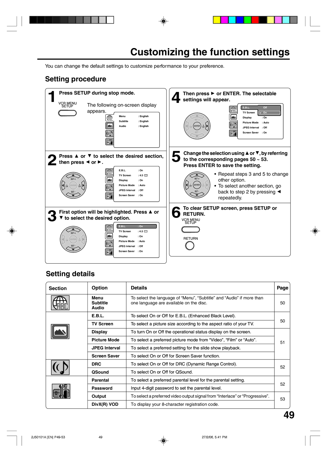 Toshiba SD-37VBSB manual Customizing the function settings, Setting procedure, Setting details, Return 