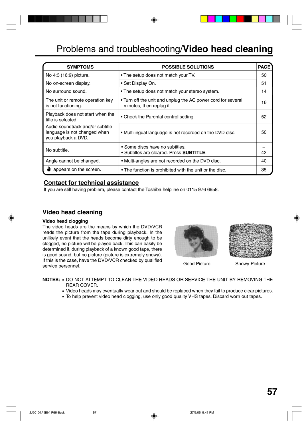 Toshiba SD-37VBSB manual Problems and troubleshooting/Video head cleaning, Symptoms Possible Solutions, Video head clogging 