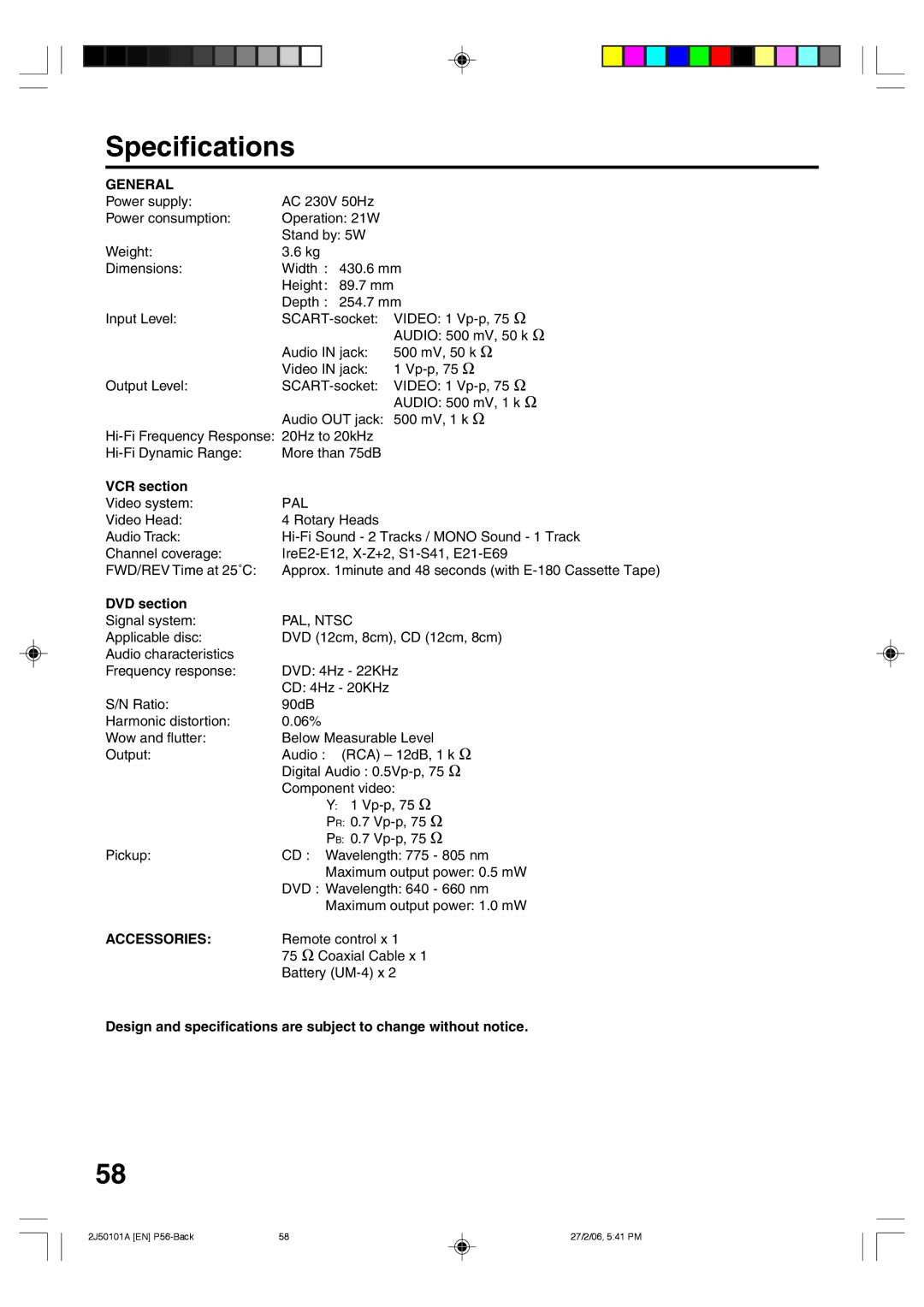 Toshiba SD-37VBSB manual Specifications, General, VCR section, DVD section, Accessories 