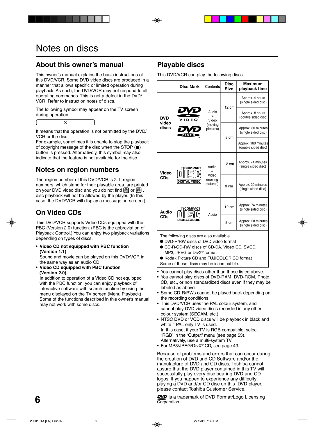 Toshiba SD-37VBSB manual On Video CDs, Playable discs 