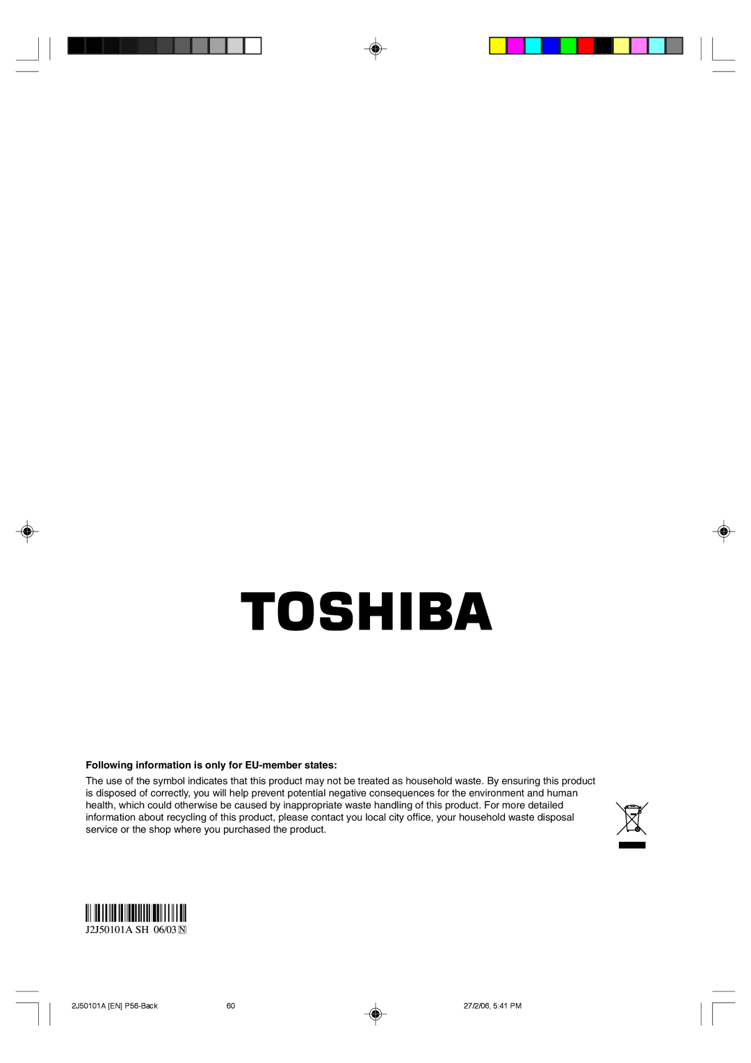 Toshiba SD-37VBSB manual Following information is only for EU-member states 