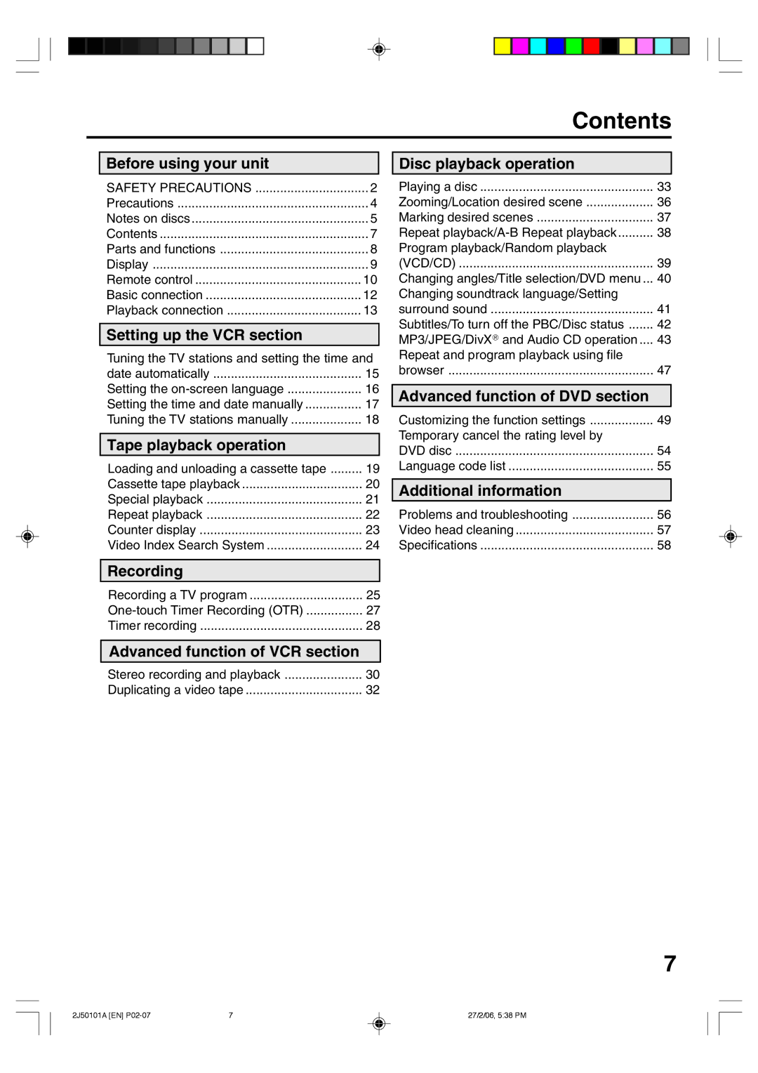 Toshiba SD-37VBSB manual Contents 