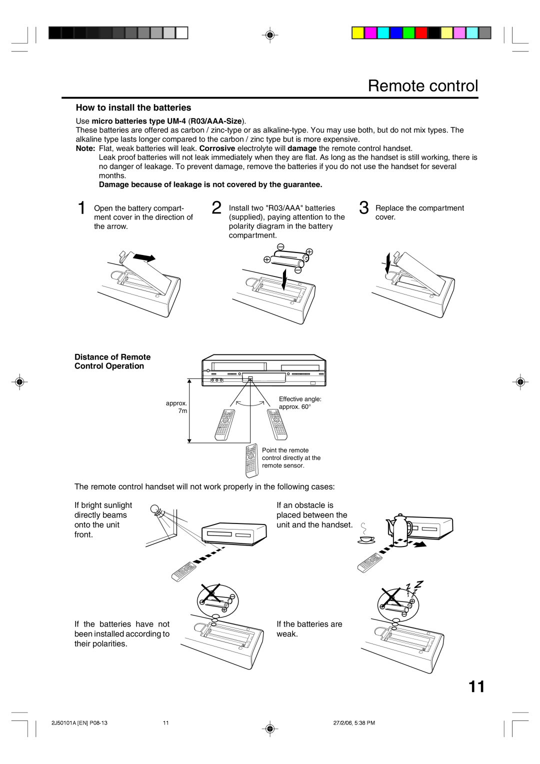 Toshiba SD-37VBSB manual Remote control, How to install the batteries, Distance of Remote Control Operation 