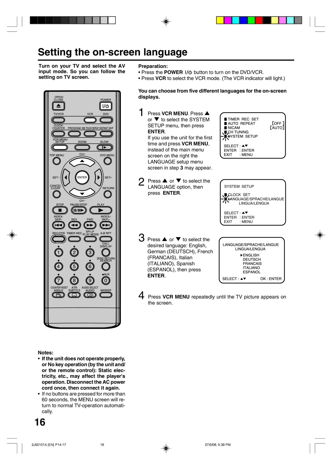 Toshiba SD-37VBSB manual Setting the on-screen language, Preparation, Enter 