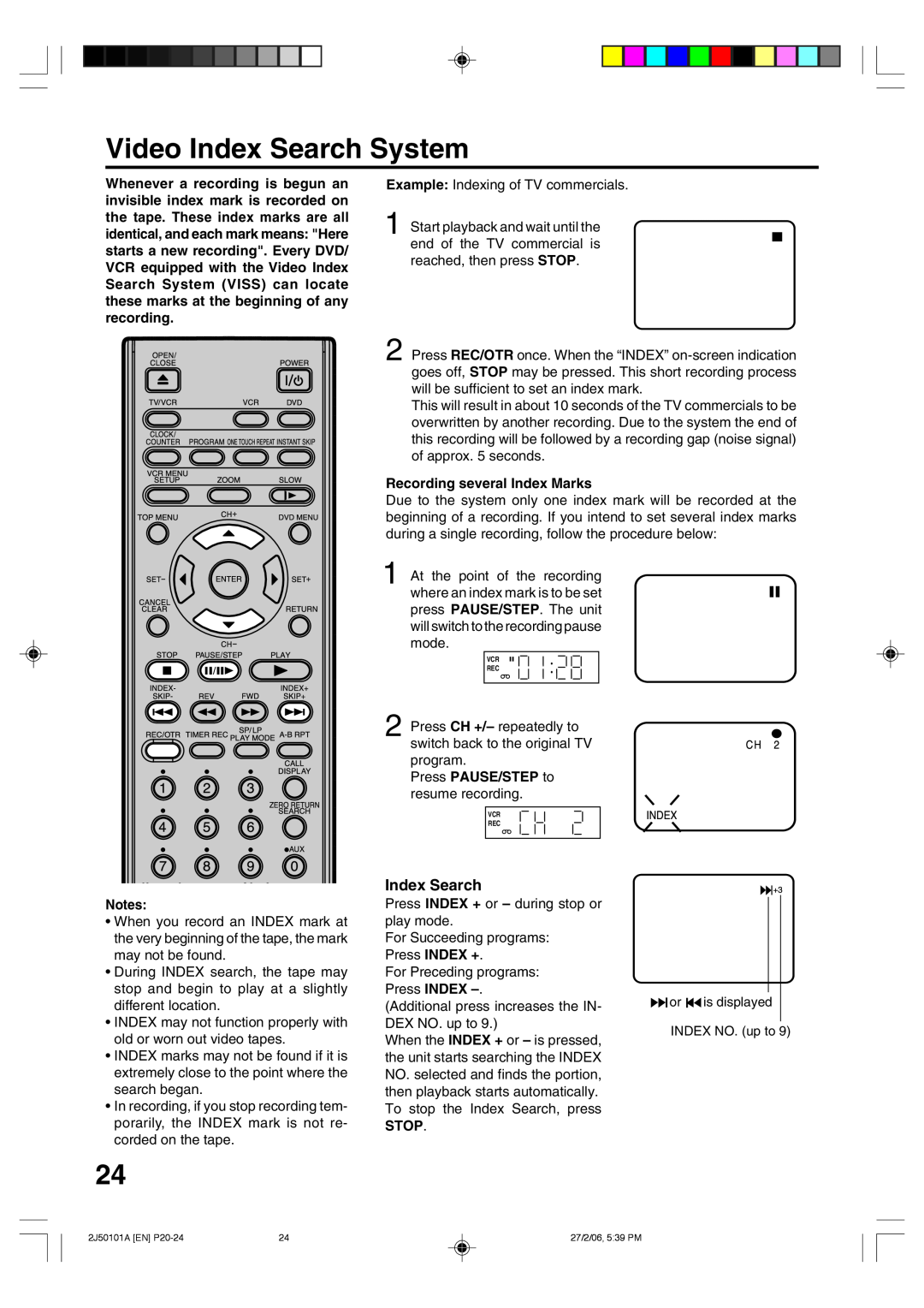 Toshiba SD-37VBSB manual Video Index Search System, Recording several Index Marks, Press PAUSE/STEP to resume recording 