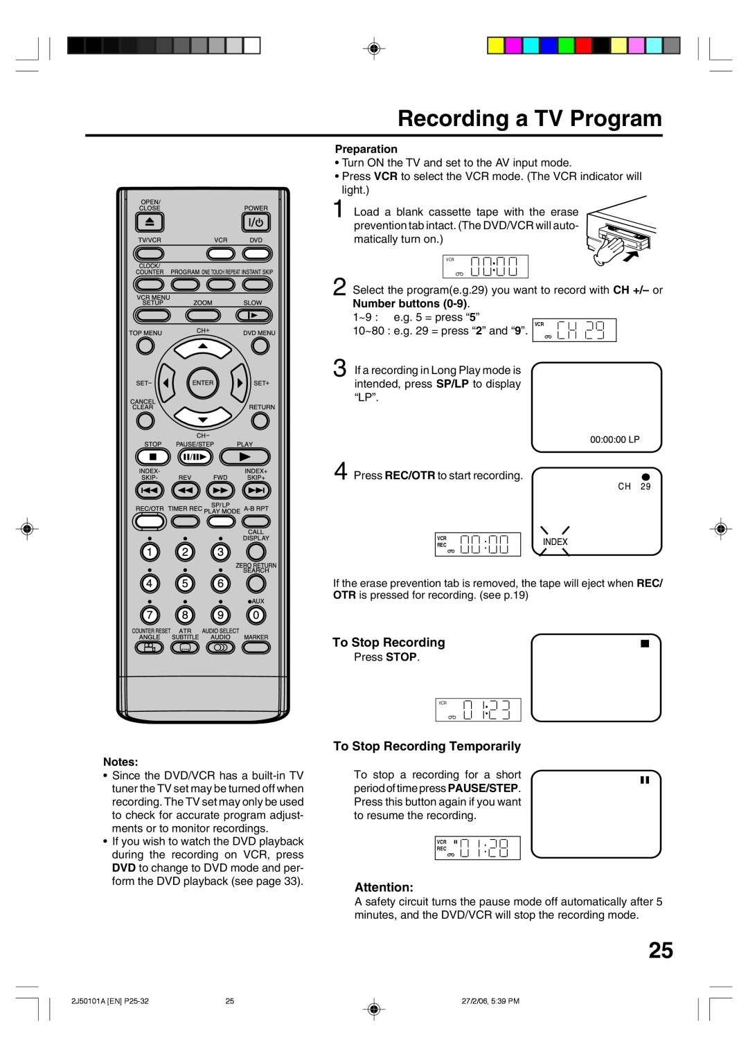 Toshiba SD-37VBSB manual Recording a TV Program, To Stop Recording Temporarily, Preparation 