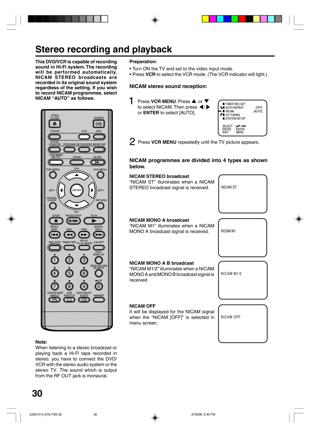 Toshiba SD-37VBSB manual Stereo recording and playback, NICAM stereo sound reception, Preparation, NICAM STEREO broadcast 