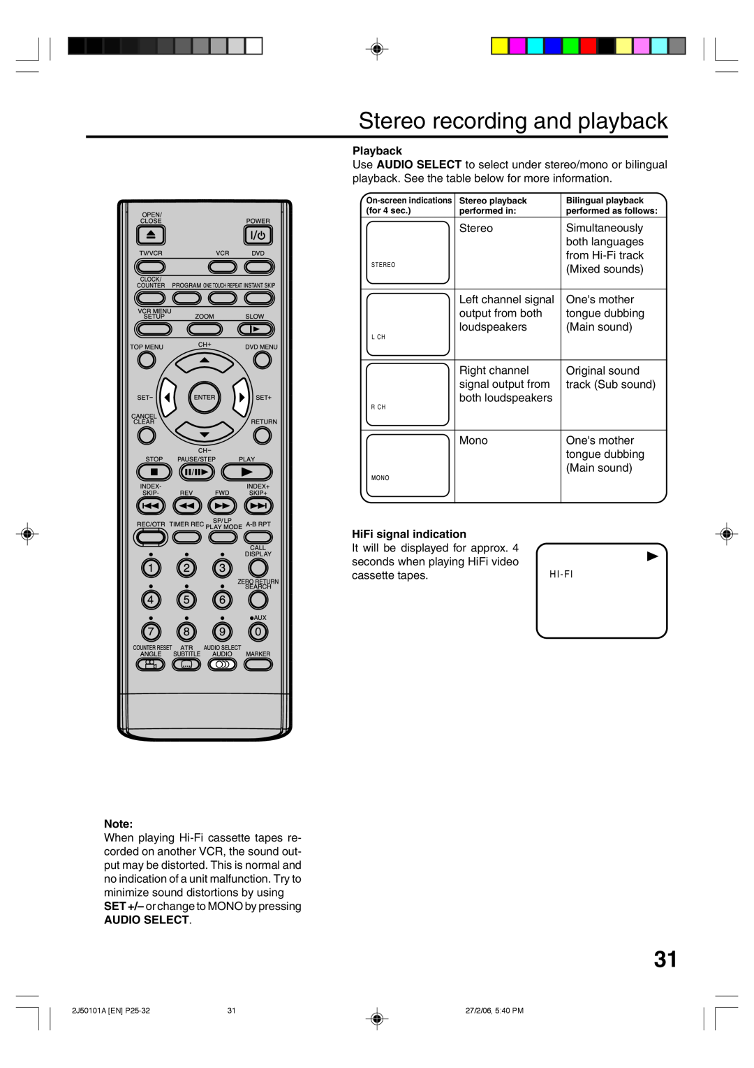 Toshiba SD-37VBSB manual Stereo recording and playback, Playback, HiFi signal indication, Audio Select 