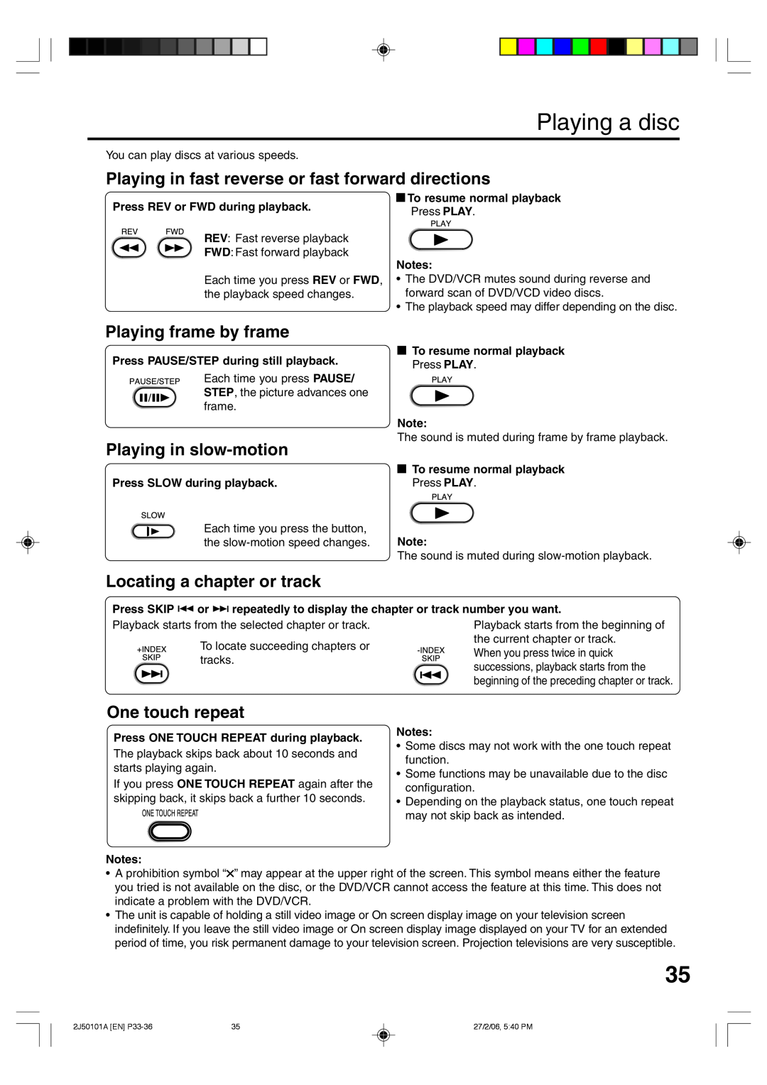 Toshiba SD-37VBSB manual Playing in fast reverse or fast forward directions, Playing frame by frame, Playing in slow-motion 