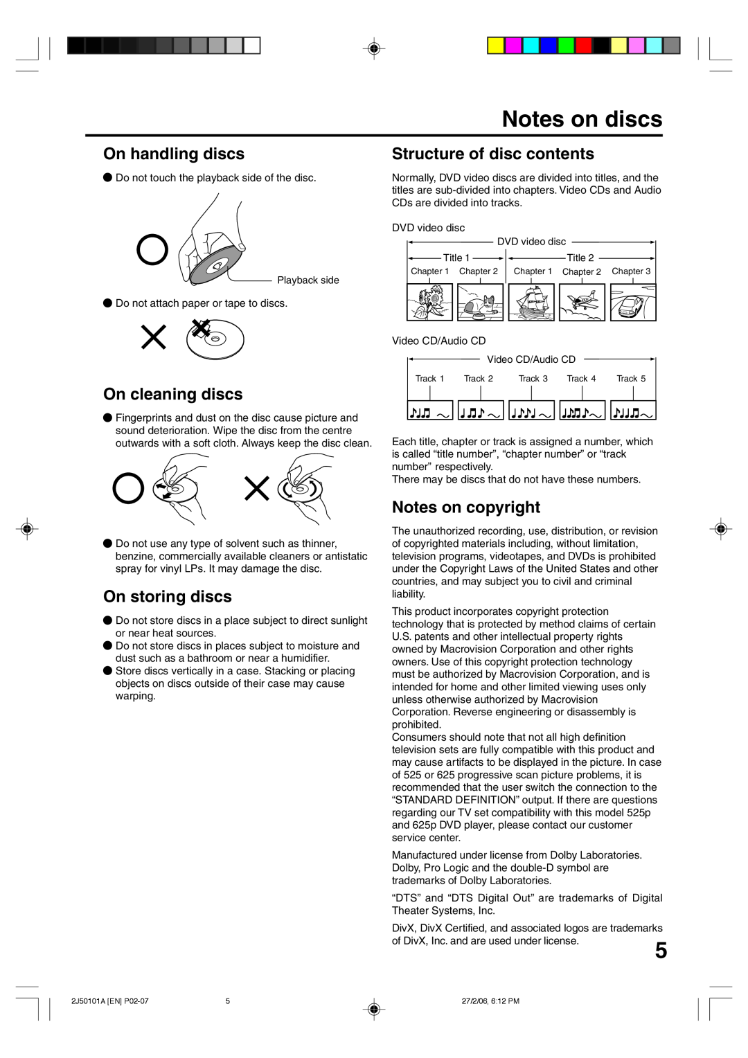 Toshiba SD-37VBSB manual Notes on discs, On handling discs, On cleaning discs, On storing discs, Structure of disc contents 