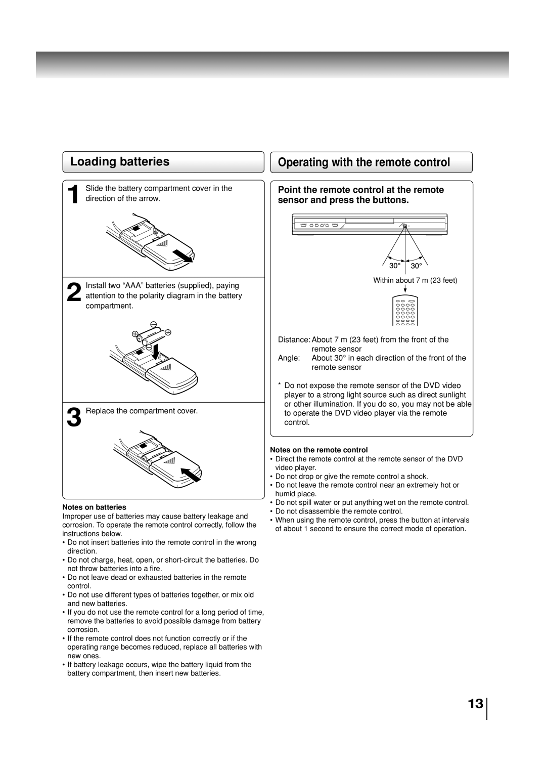 Toshiba SD-3860SC manual Loading batteries, Operating with the remote control 