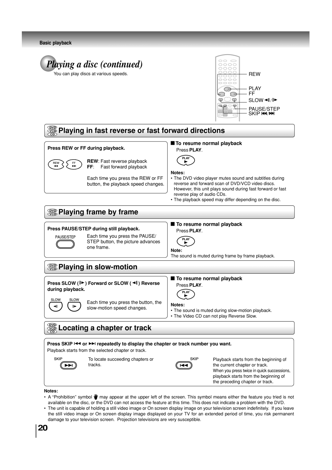 Toshiba SD-3860SC manual VCD Playing in fast reverse or fast forward directions, Vcddvd Playing frame by frame 