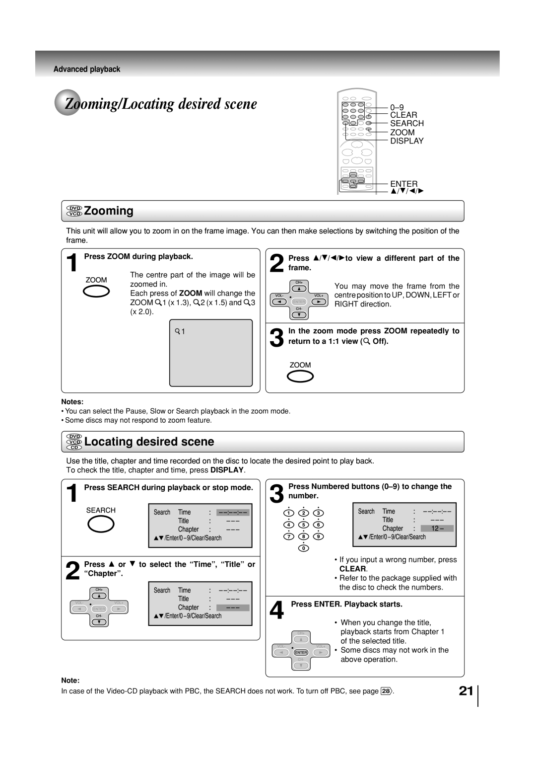 Toshiba SD-3860SC manual Zooming/Locating desired scene, Vcddvd Zooming, Advanced playback 