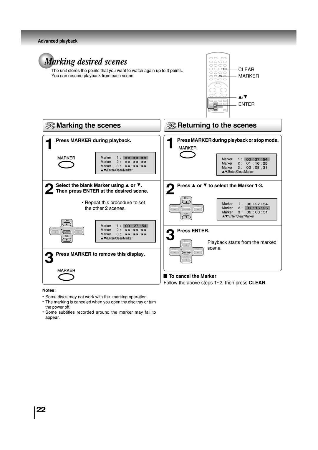 Toshiba SD-3860SC manual Marking desired scenes, Vcddvd Marking the scenes, Vcddvd Returning to the scenes 