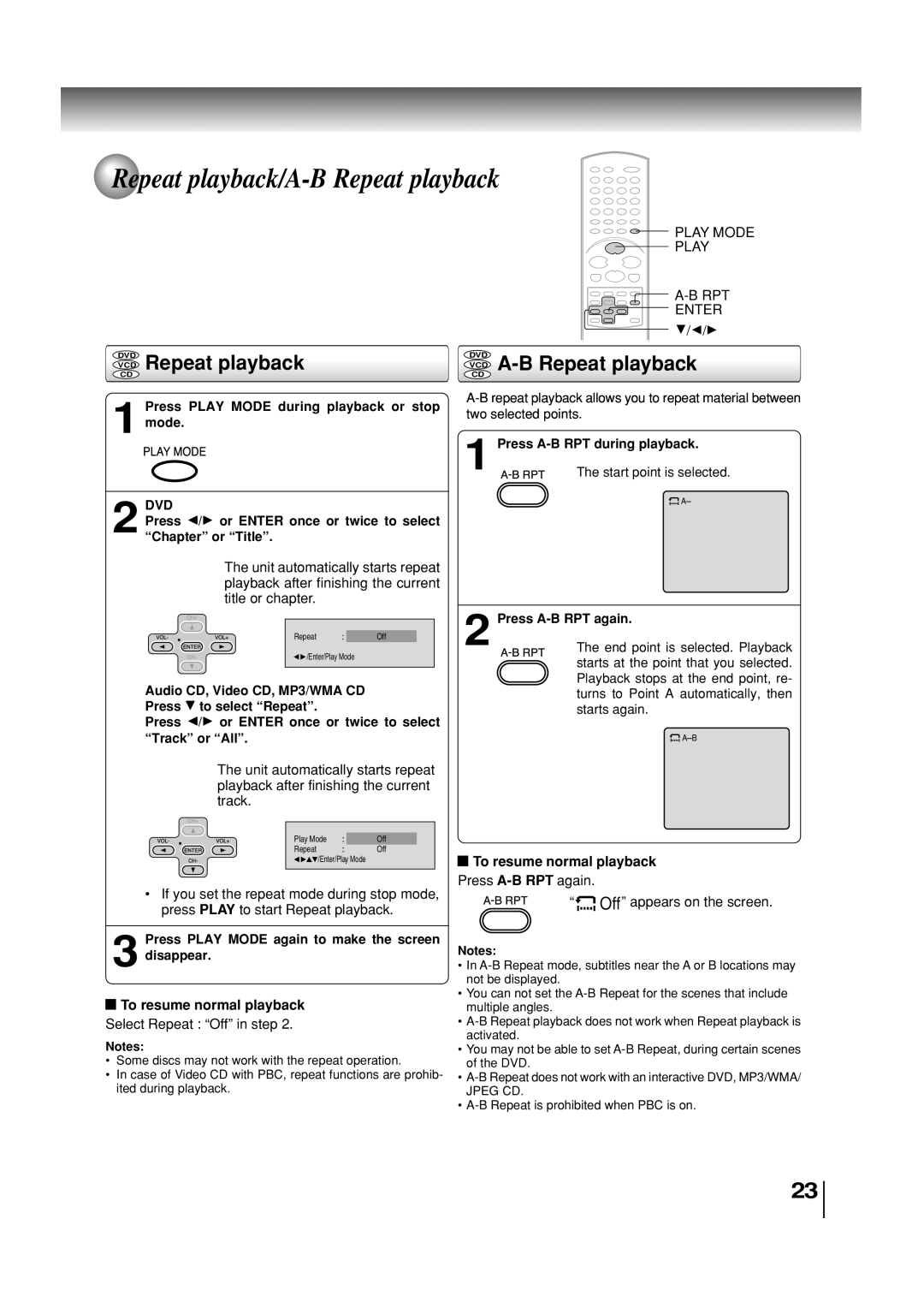 Toshiba SD-3860SC Repeat playback/A-B Repeat playback, VCD Repeat playback, VCD A-B Repeat playback, Play Mode RPT Enter 