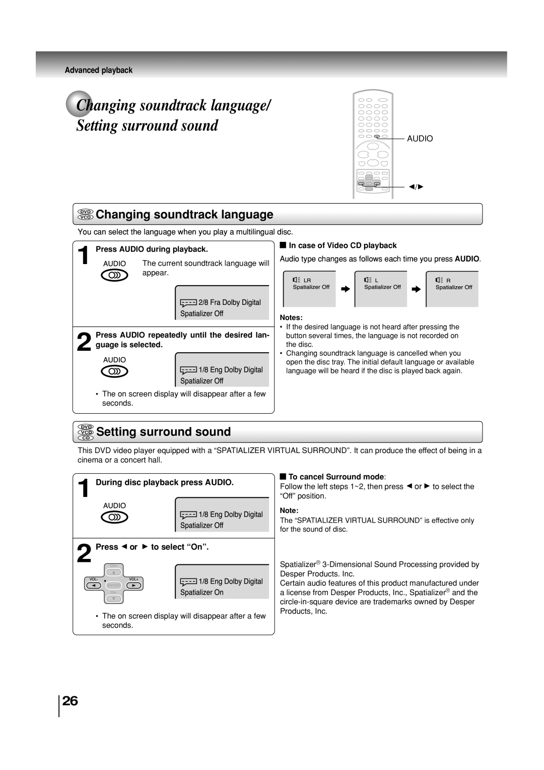 Toshiba SD-3860SC manual Changing soundtrack language Setting surround sound, VCD Setting surround sound 