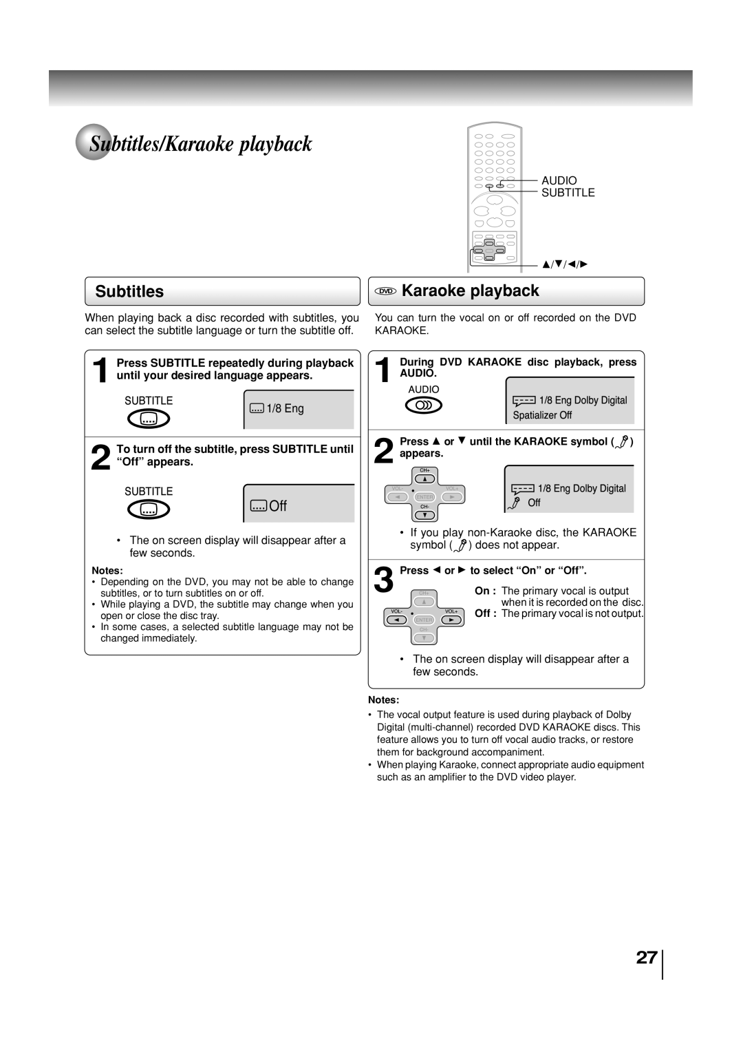 Toshiba SD-3860SC manual Subtitles/Karaoke playback, DVD Karaoke playback, Audio Subtitle 