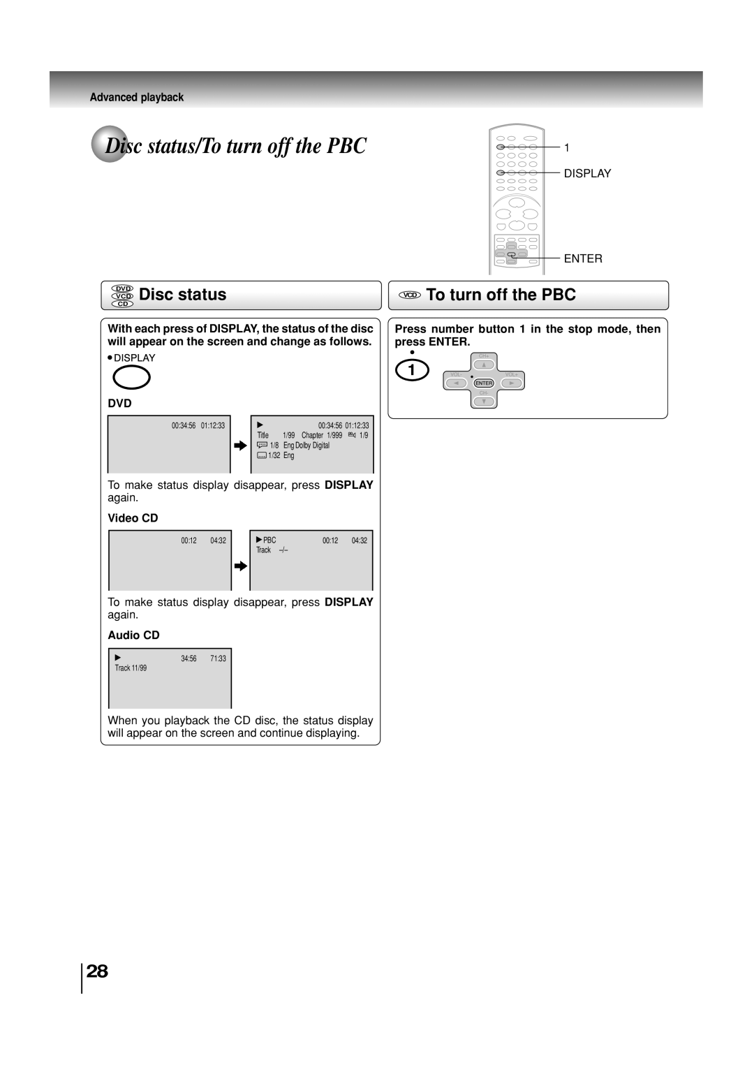 Toshiba SD-3860SC manual Disc status/To turn off the PBC, Disc status VCD To turn off the PBC, Video CD, Audio CD 