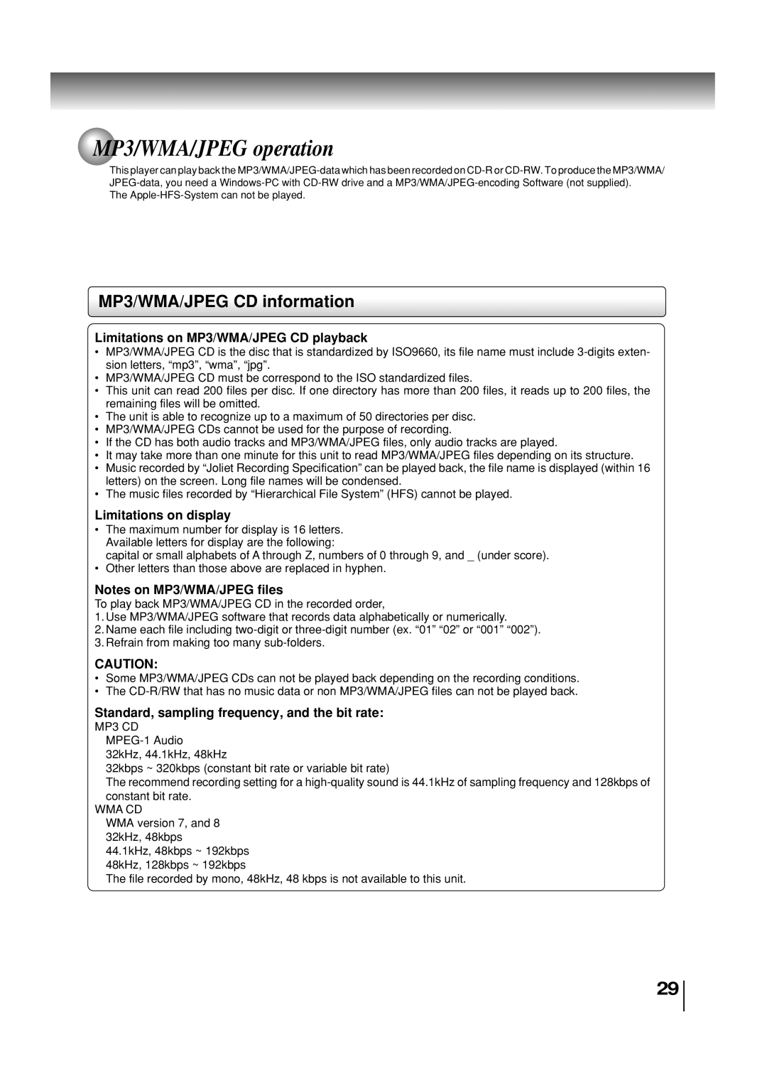 Toshiba SD-3860SC manual MP3/WMA/JPEG operation, MP3/WMA/JPEG CD information, Wma Cd 