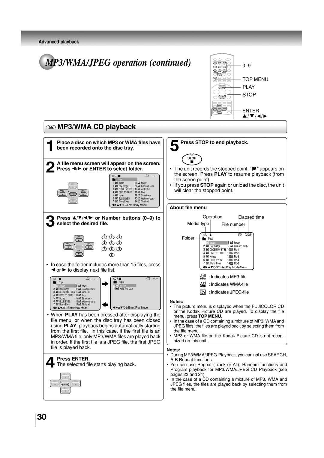 Toshiba SD-3860SC manual CD MP3/WMA CD playback, TOP Menu Play Stop Enter, About file menu 